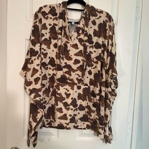 Cozy Cowprint Hooded Poncho Top - Brown/Beige
